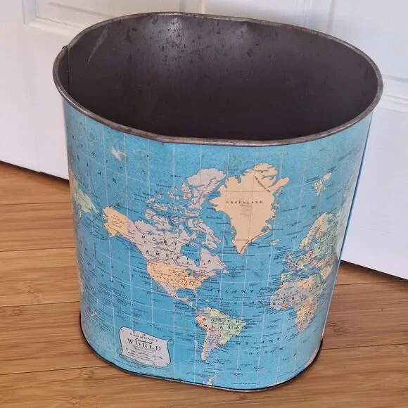 Vintage Hammond's World Map Waste Basket Garbage Can Tin Litho Trash Can 50s 60s - Picture 4 of 14